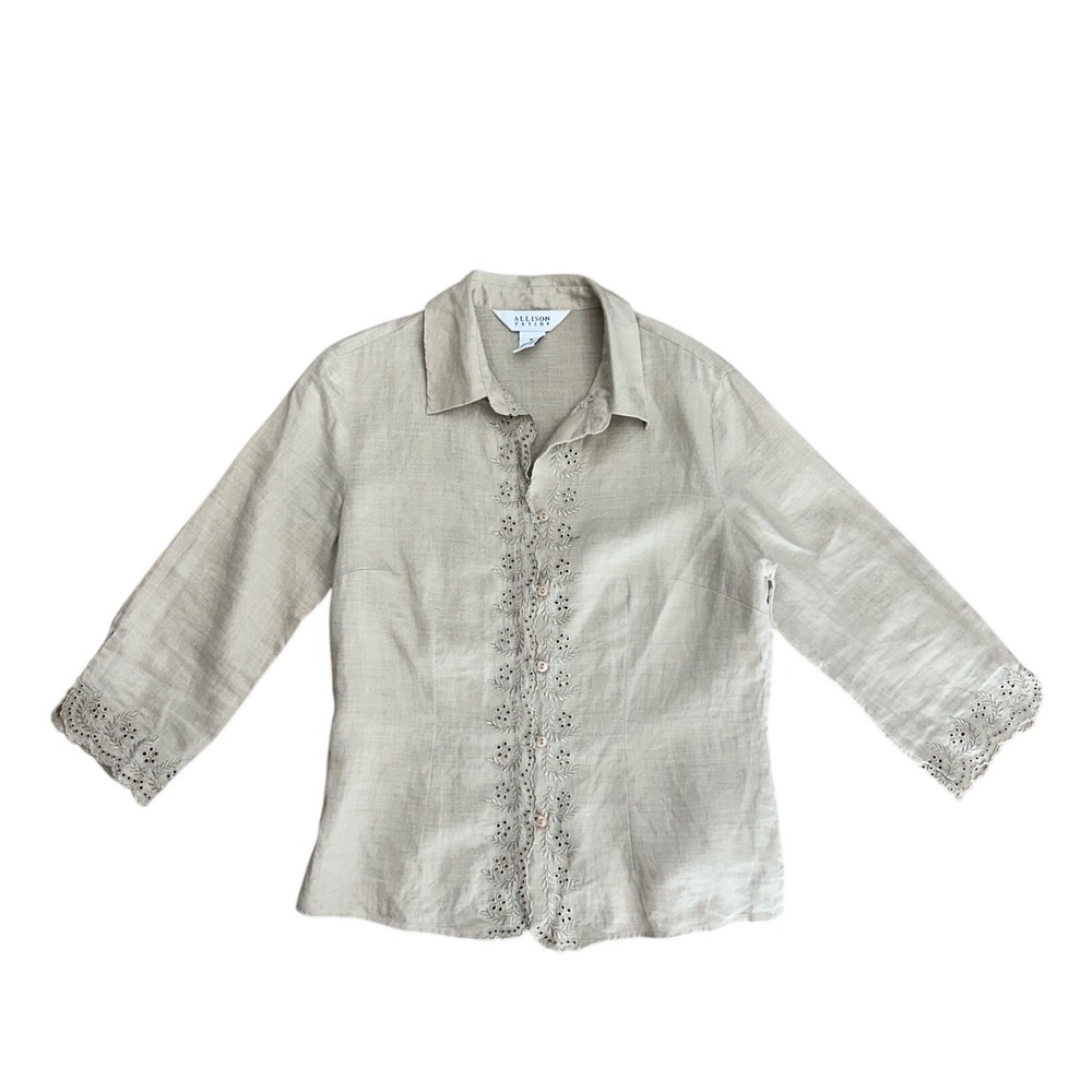 Linen Eyelet Embroidered‎ Button Down Blouse Beige Tan Medium cottage preppy